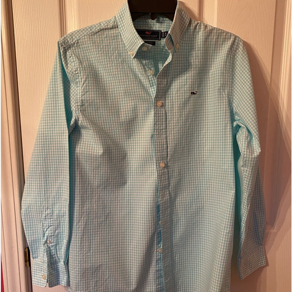 Sz boys 16 Vineyard vines aqua/white polo button LS shirt! Like new